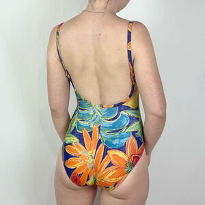 Vintage 80s/90s Colorful Floral Low Scoop Back One Piece Swimsuit M